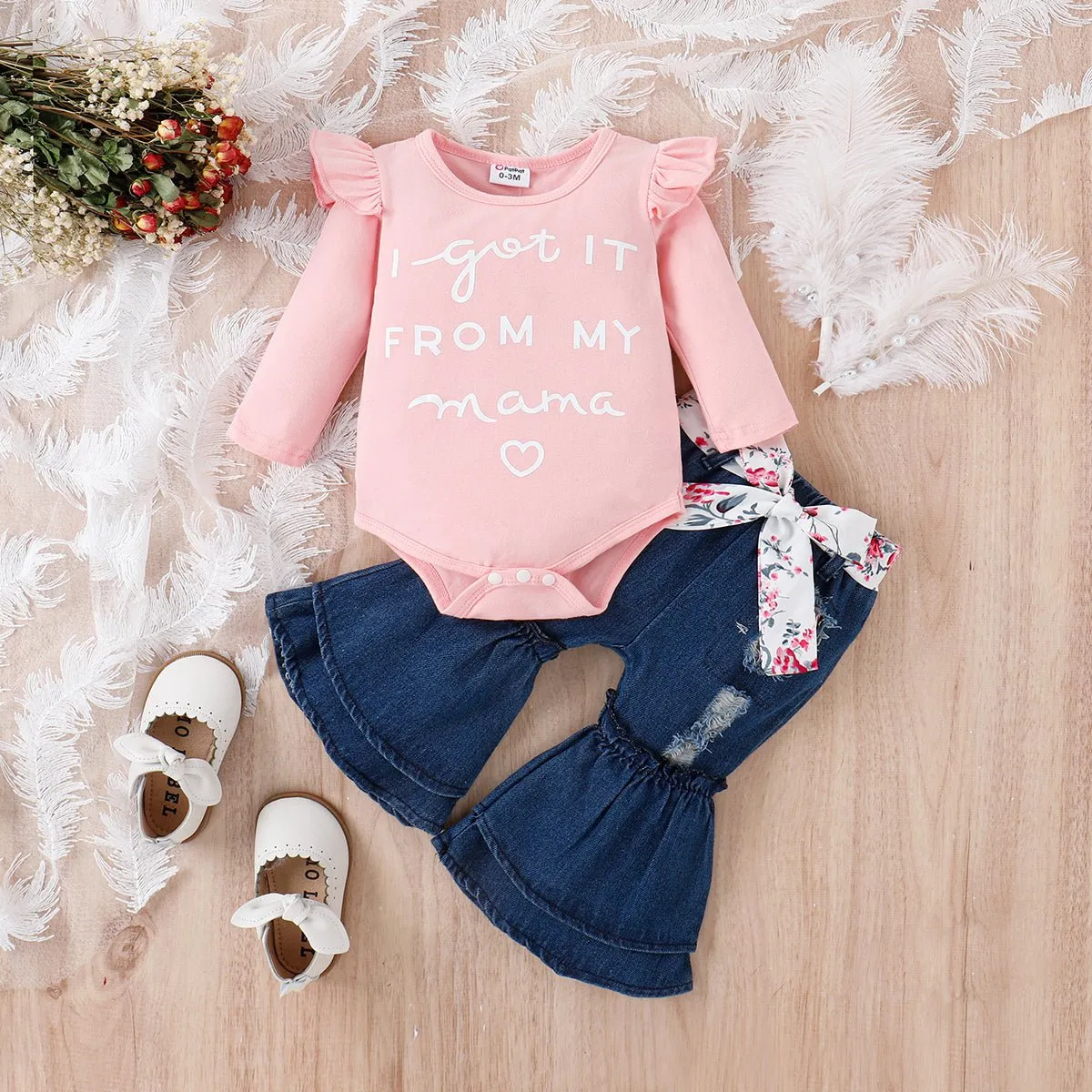 3pcs Baby Girl 95% Cotton Letter Print Ruffle Trim Long-sleeve Romper and Ripped Flared Jeans & Belt Set