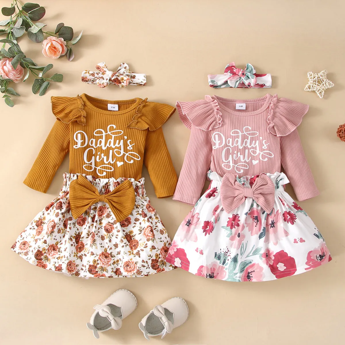 Baby 3pcs Letter Print Ruffle Long-sleeve Ribbed Romper and Floral Shorts Set