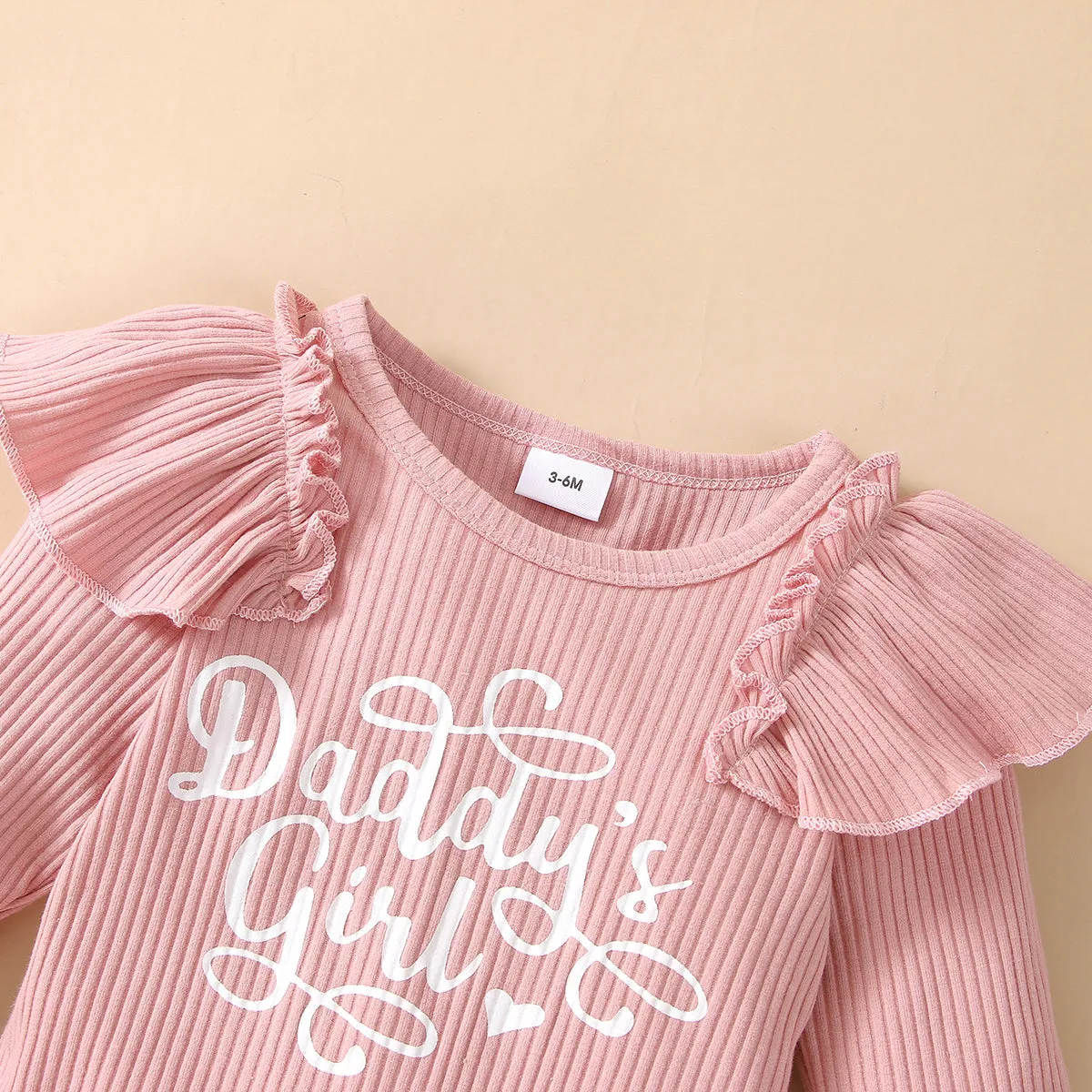 Baby 3pcs Letter Print Ruffle Long-sleeve Ribbed Romper and Floral Shorts Set