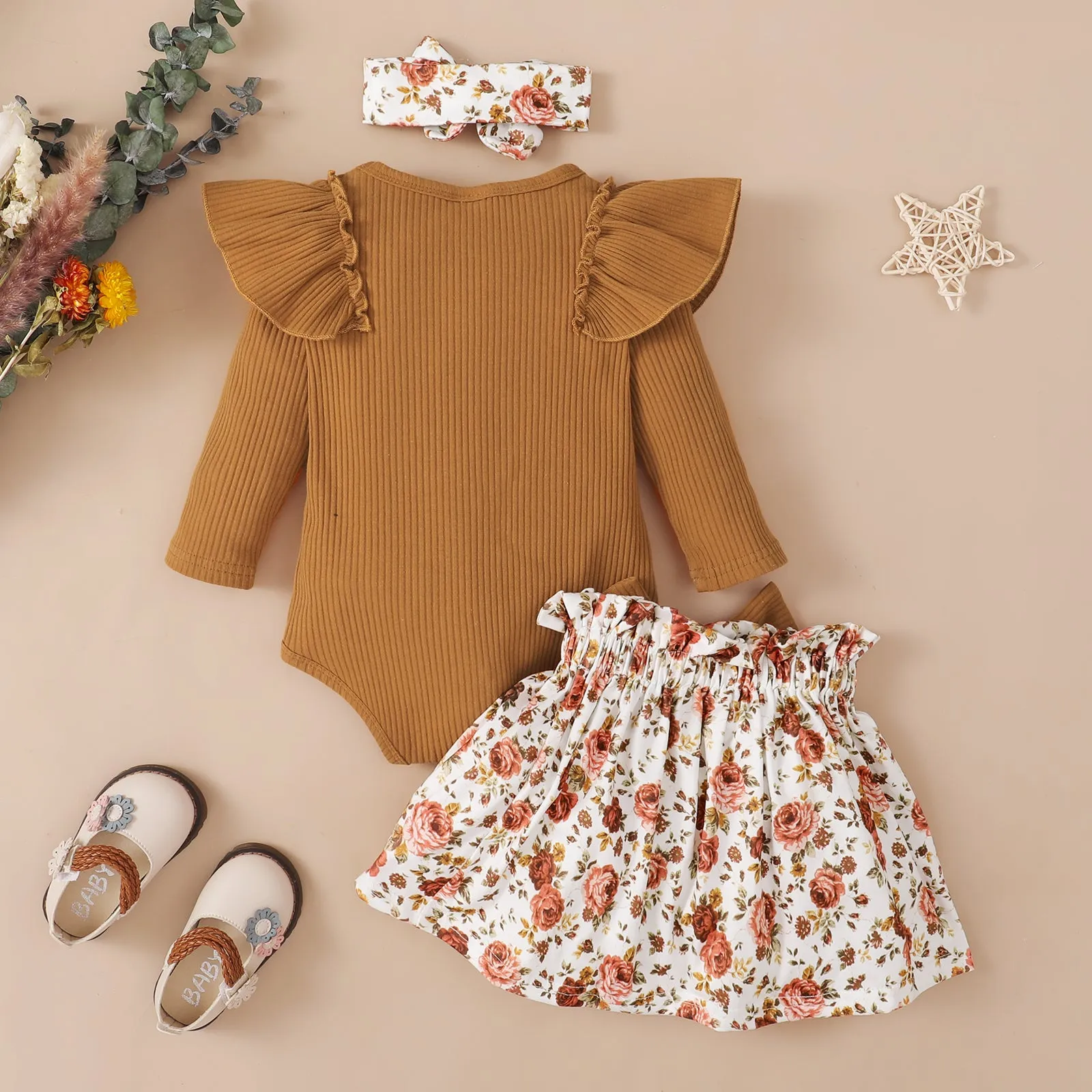 Baby 3pcs Letter Print Ruffle Long-sleeve Ribbed Romper and Floral Shorts Set