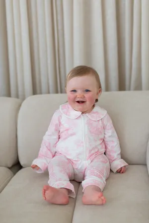 Baby Personalised Pink Toile De Jouy Luxury Jersey Zip Romper