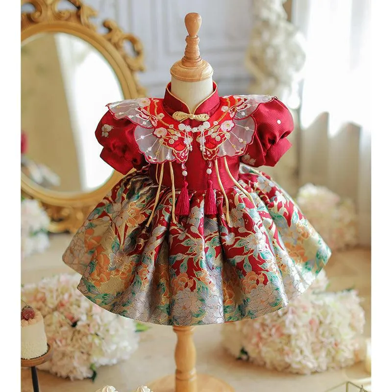 Baby romper antique embroidery girl first birthday party girl princess dress wedding red puff sleeve dress