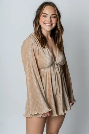 Bell sleeve pleated romper taupe