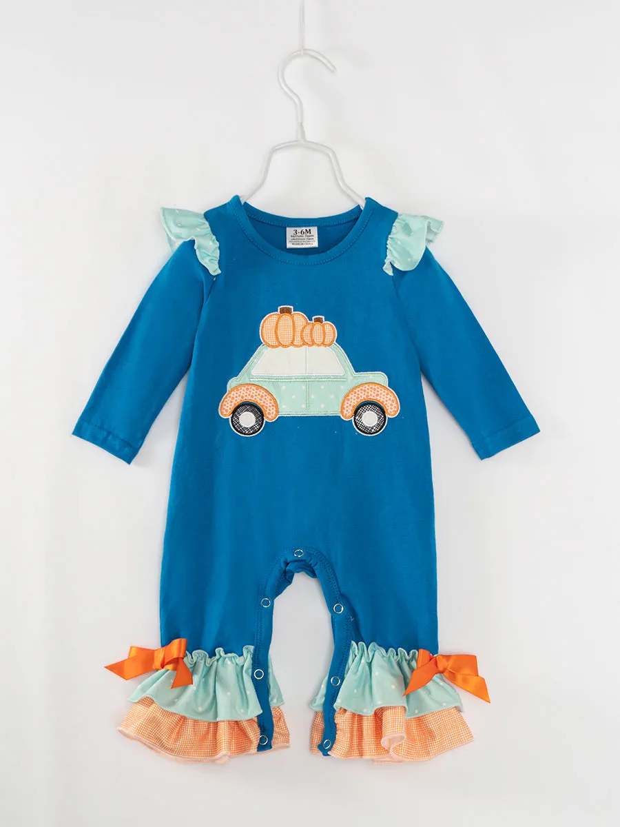 Blue Car Pumpkin Ruffle Baby Girl Romper