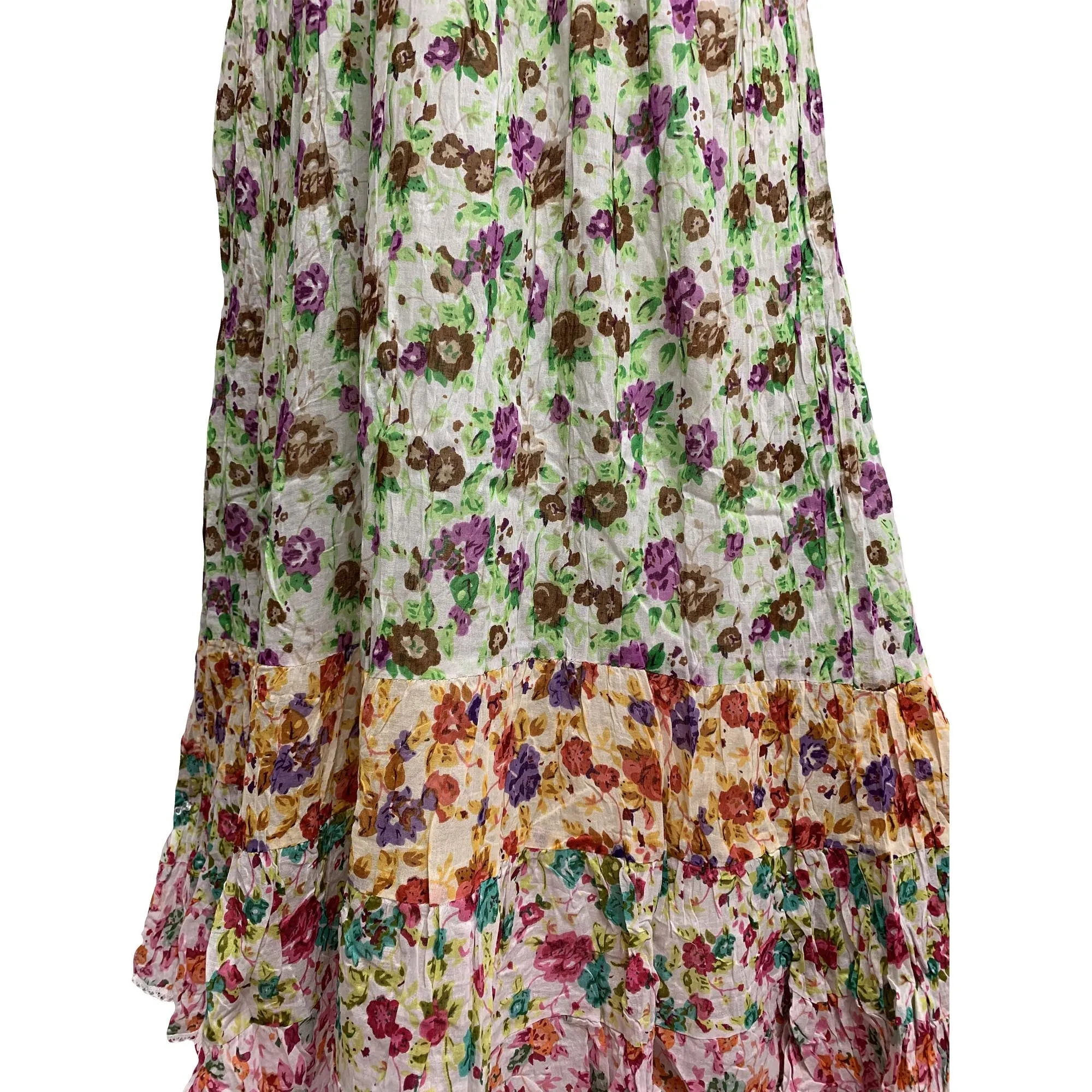 Boho Crinkled Gauze Cotton Broomstick Floral Patchwork Tiered Spaghetti Strap Empire waist Maxi Dress NAINA