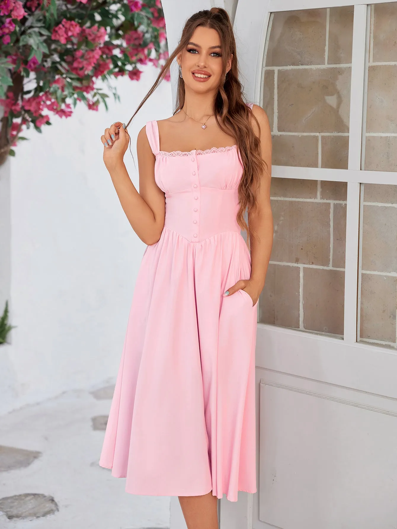 Crisscross Tie Back Button Pocket Solid Dress