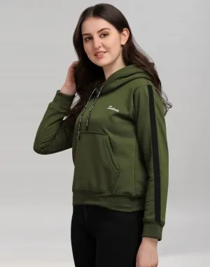 Dark Olive Green Coloured Cotton Fleece Blend Plain Hoodie