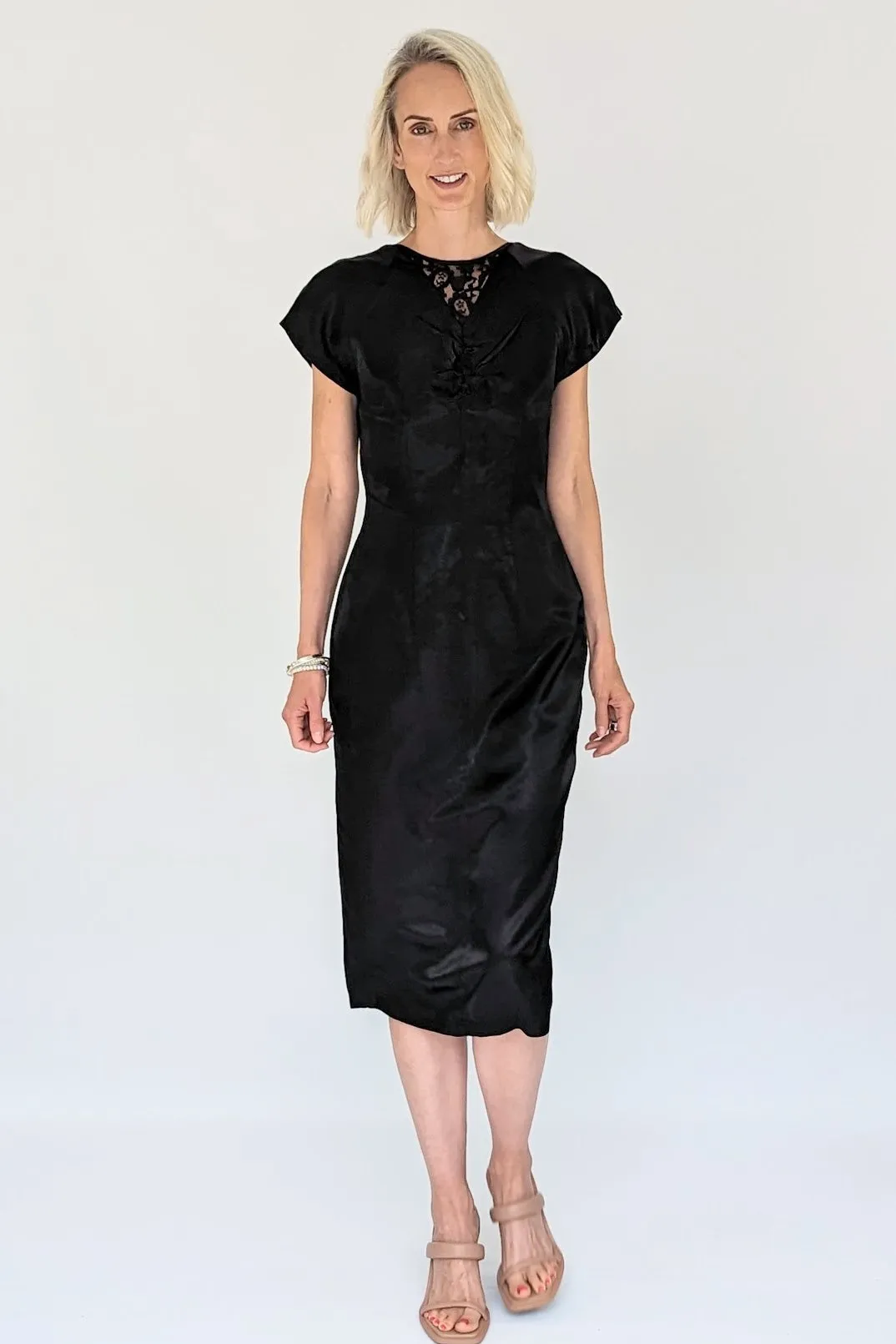 Fitted Black Vintage Soft Satin Dress with Lace Detail