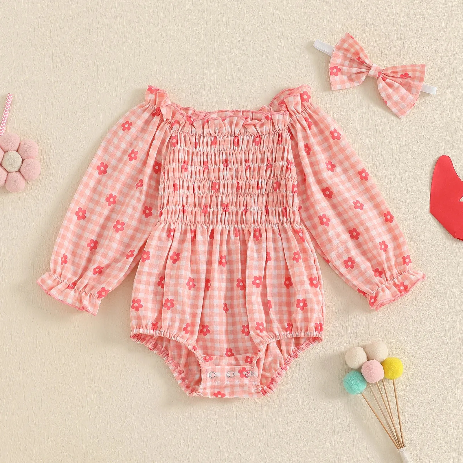 FLOWERS Plaid Smocked Romper