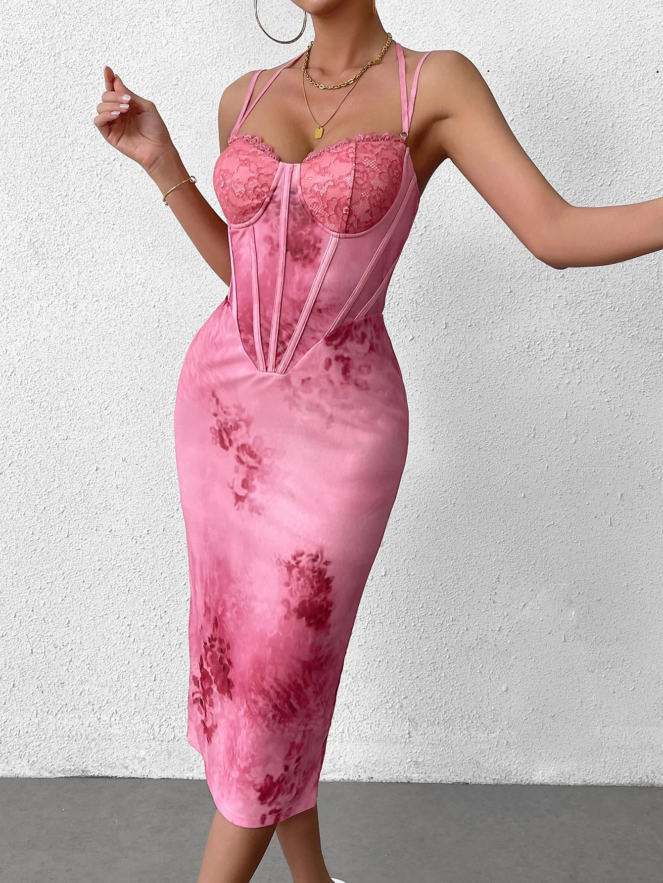 Halter Lace Bust Corset Print Bodycon Dress