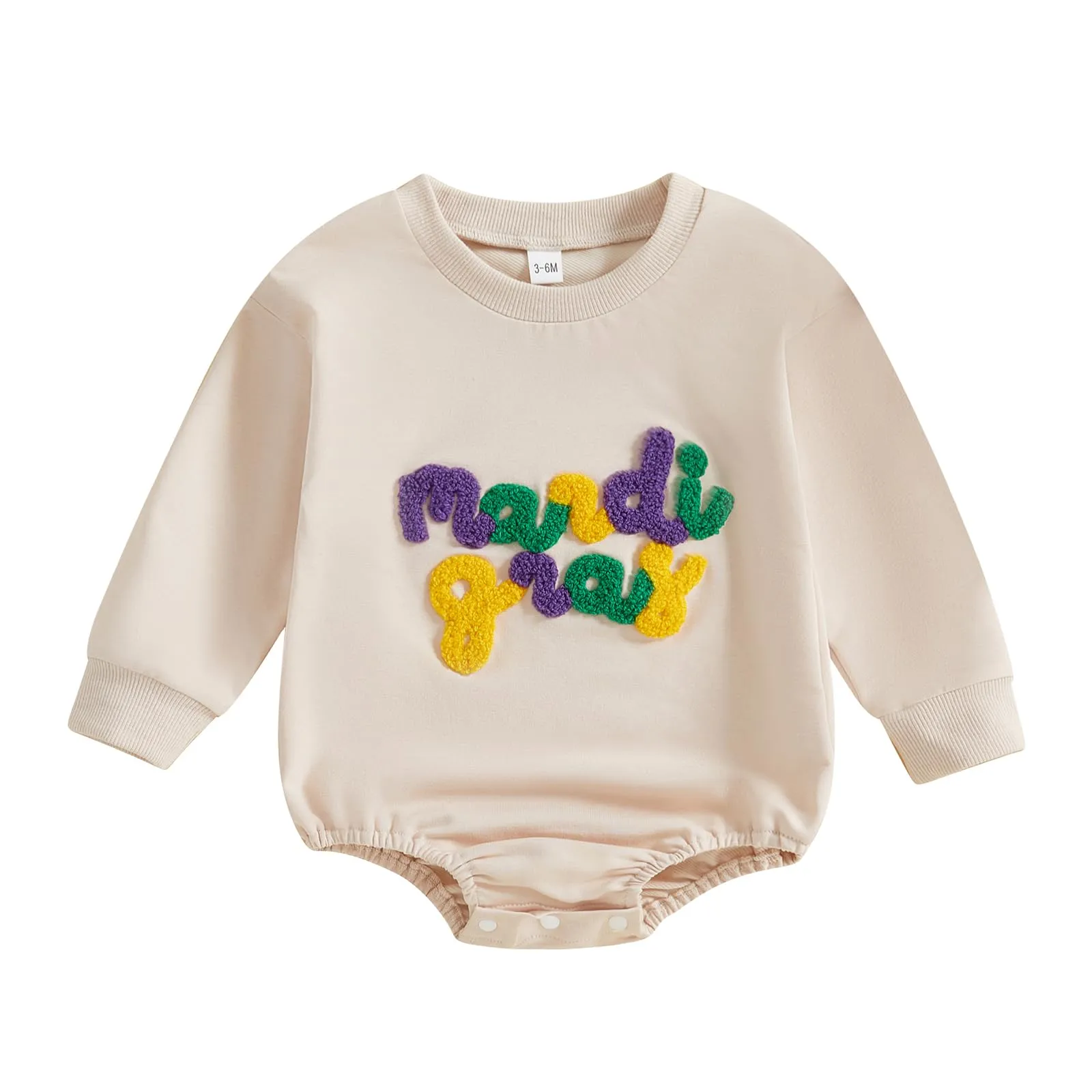 Lamuusaa Newborn Baby Girl Boy Mardi Gras Outfit Long Sleeve Mardi Gras Letter Print Romper Oversized Sweatshirt 0-18M (Khaki, 0-3 Months)