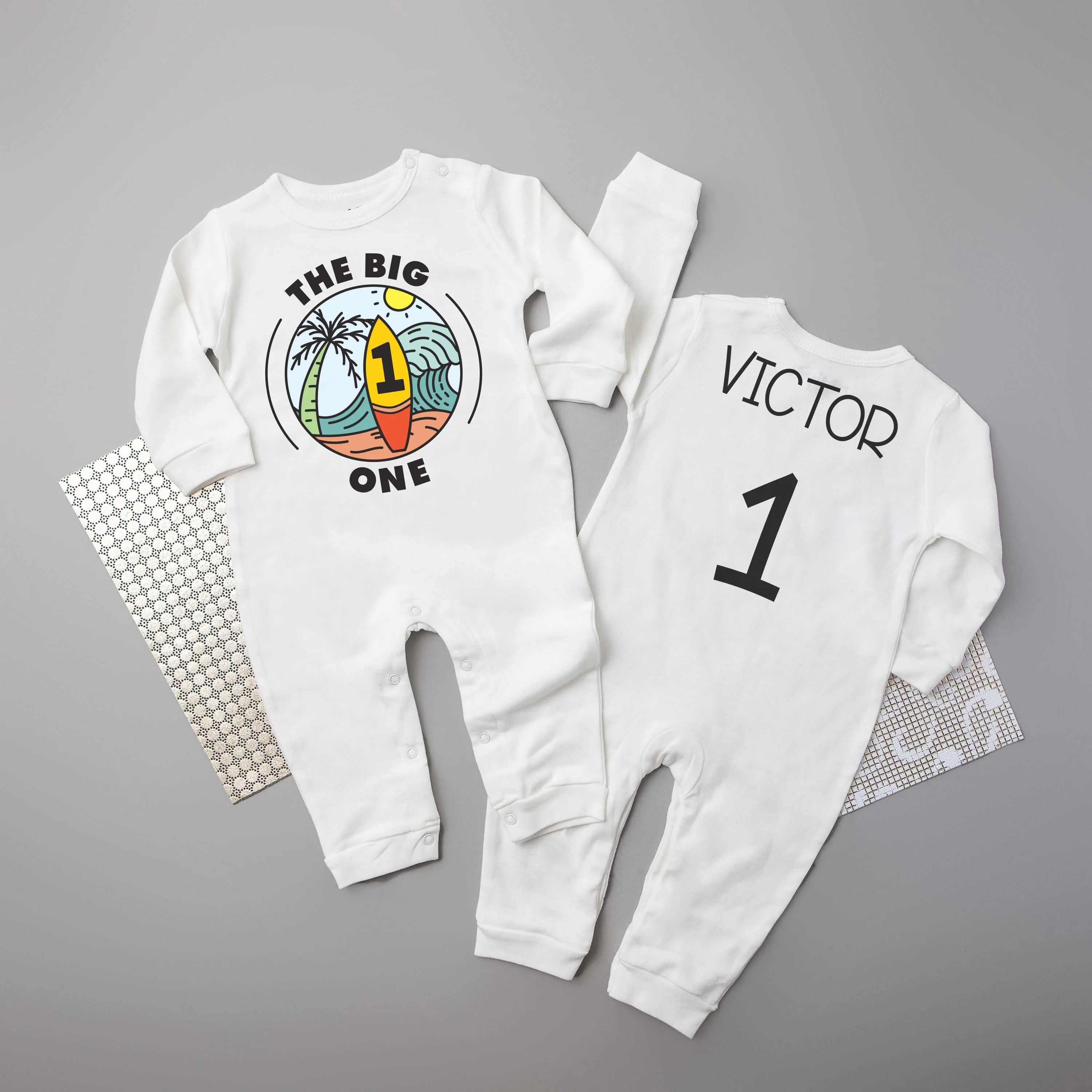 "The Big One" Surf-themed Long Sleeved Personalized 1st Birthday Romper