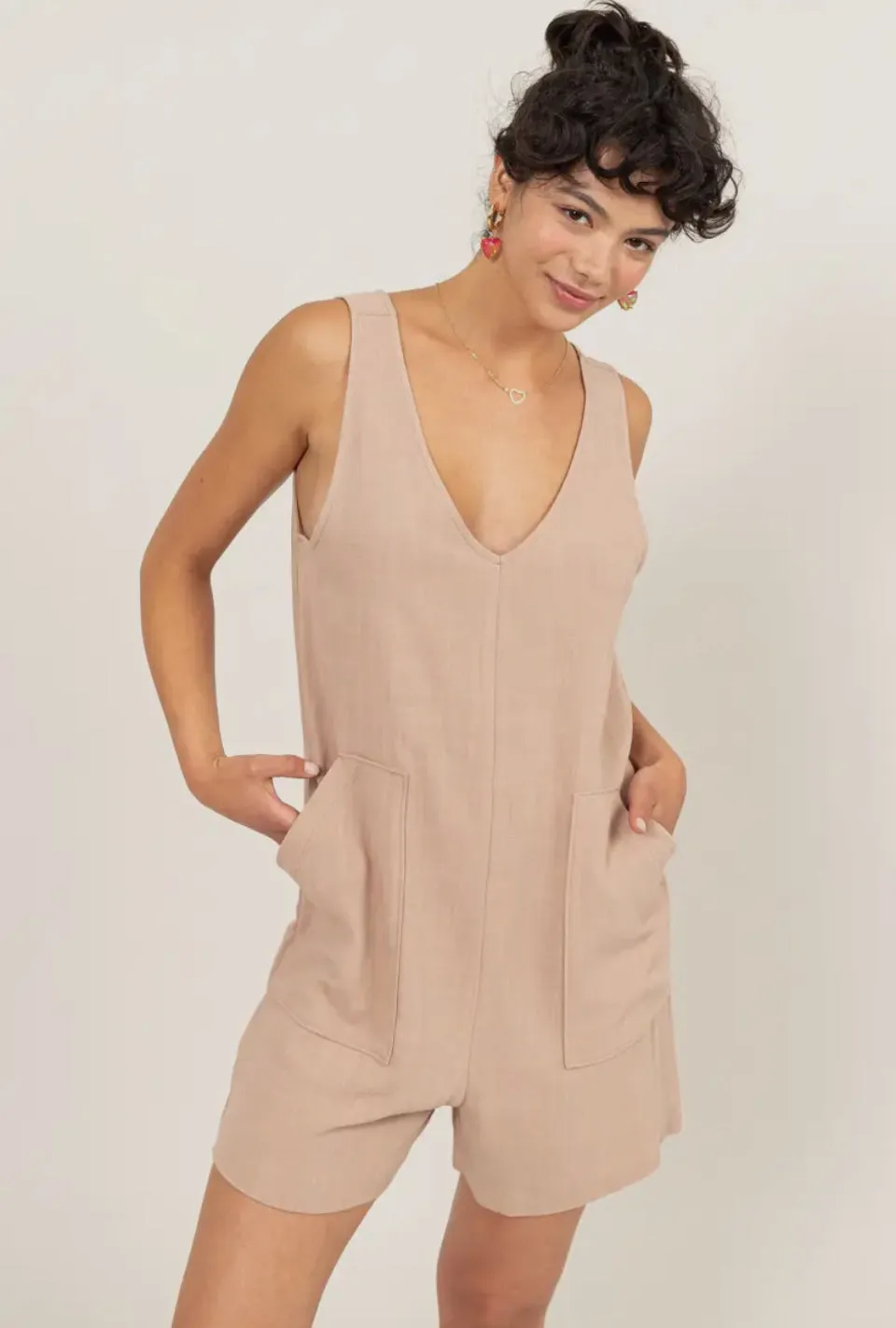 Tan linen pocket short romper