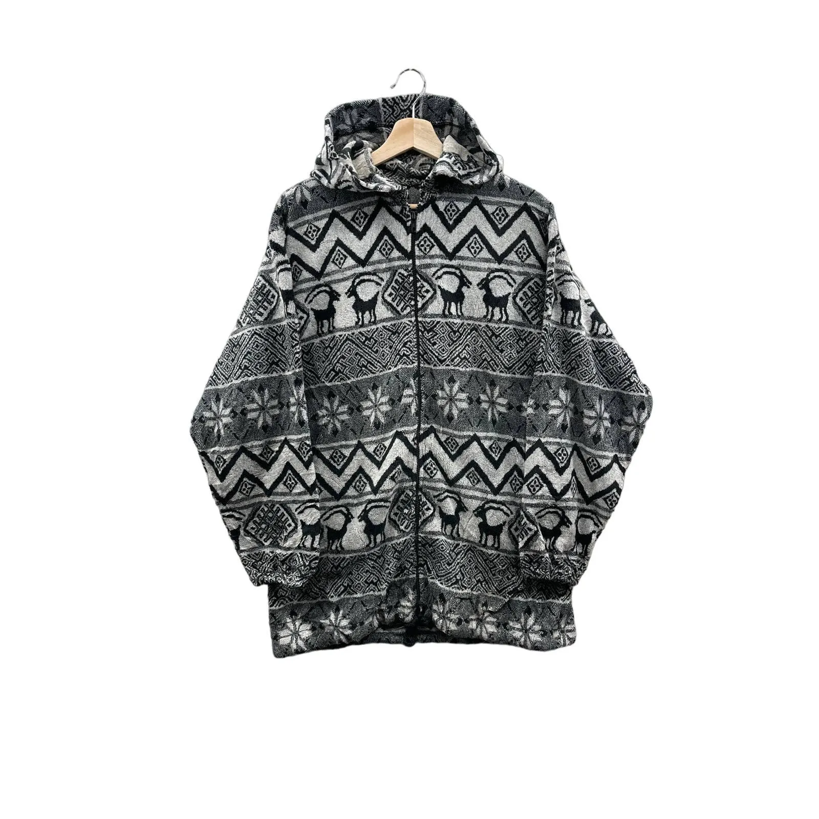 Vintage 1990's Aztec Animal Tribal Print Full Zip Fleece Hoodie
