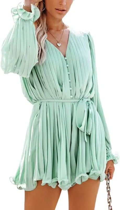 White Pleated Ruffled Long Sleeve Belted Shorts Romper