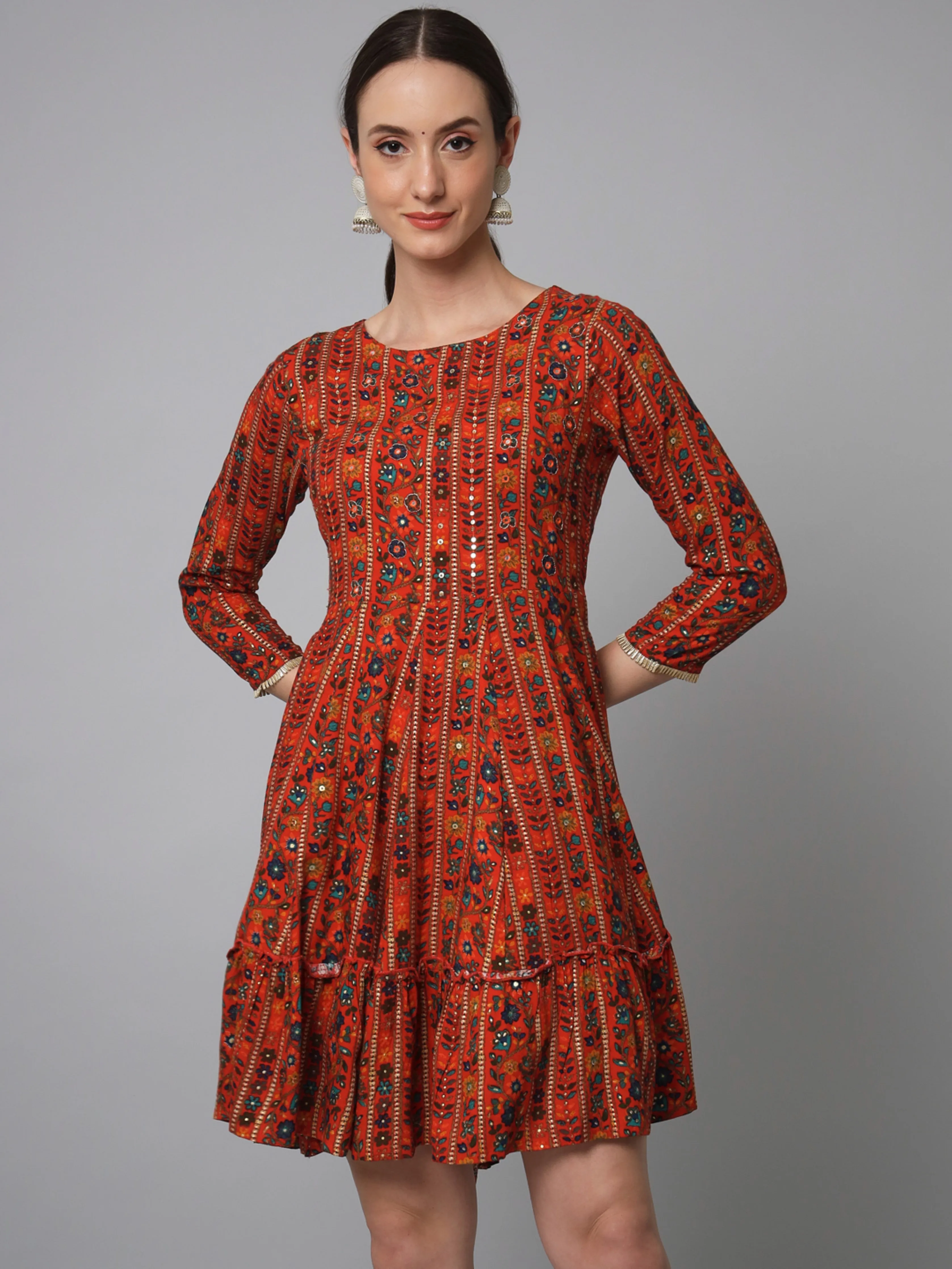 Womens Red Rayon Flared Short Dress